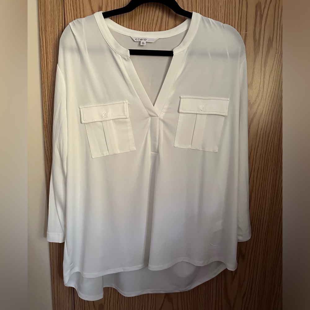 cleo White V-Neck Long Sleeve Pocket Blouse